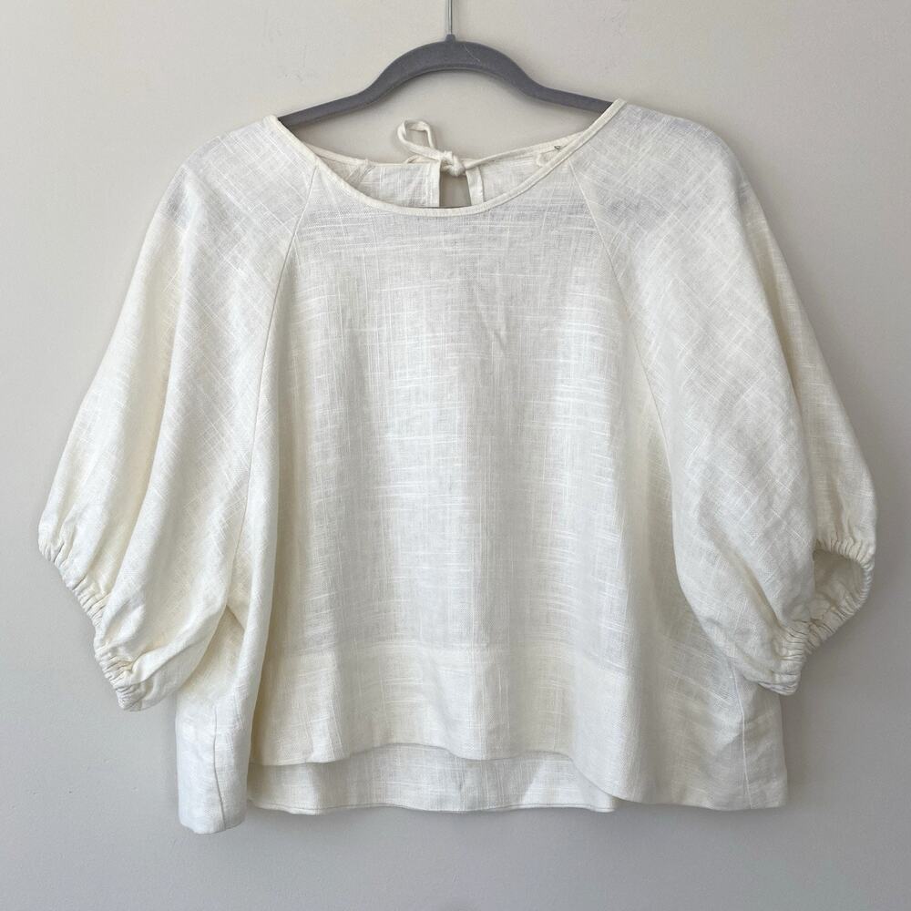 House of Harlow Blouse Top Women SZ M Cream Puff Sleeve Linen Blend Cropped